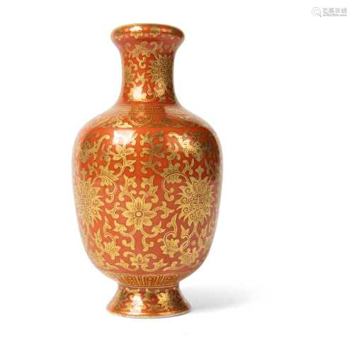 CORAL-RED GROUND AND GILT DECORATED VASE QIANLONG MARK BUT LATER