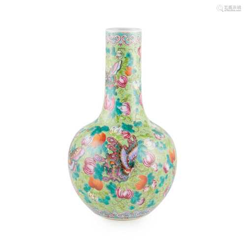 FAMILLE ROSE GREEN GROUND 'BUTTERFLY' BOTTLE VASE REPUBLIC PERIOD