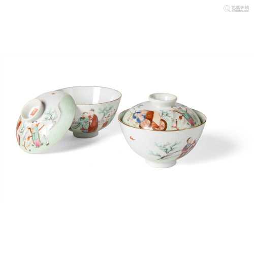 FAMILLE ROSE TEABOWLS AND COVERS QIANLONG MARK BUT 20TH CENTURY