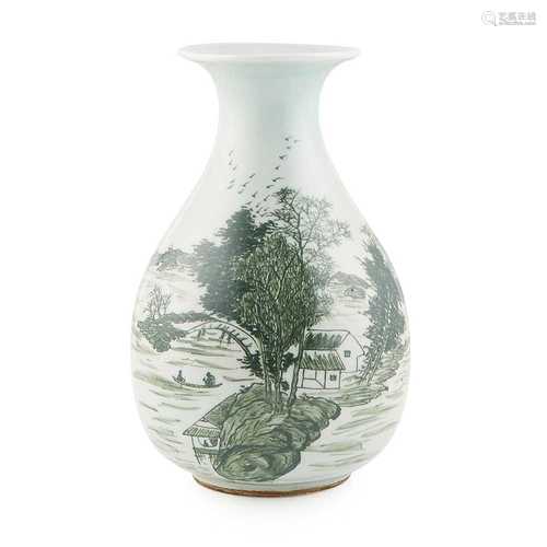 UNDERGLAZE GREEN 'LANDSCAPE' BOTTLE VASE REPUBLIC PERIOD