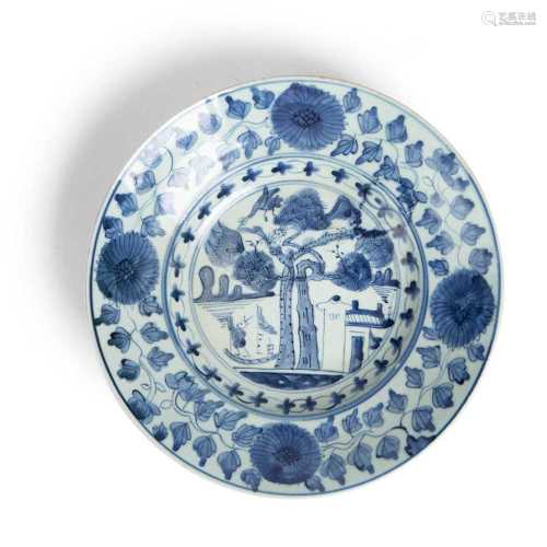BLUE AND WHITE 'TREE' PLATE MING DYNASTY, 17TH CENTURY