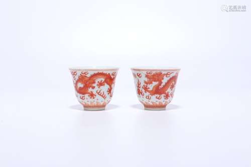 pair of chinese copper-red glazed porcelain cups,qing dynasty