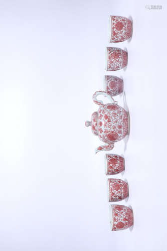 a set of chinese red glazed teapot and cups,qing dynasty