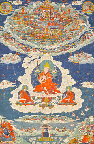 A THANGKA OF TSONGKHAPA EMANATING FROM THE HEART OF MAITREYA TIBET, 19TH CENTURY