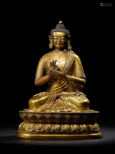 A GILT COPPER ALLOY REPOUSSÉ FIGURE OF BUDDHA QING DYNASTY, 18TH CENTURY