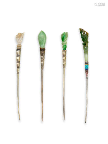 FOUR JADE AND SILVER HAIR PINS CHINA 19TH-20TH CENTURY