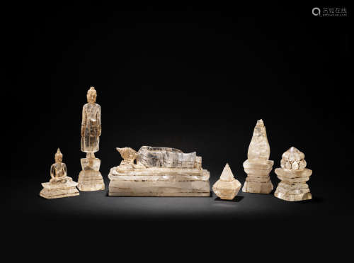 A GROUP OF SIX CARVED ROCK CRYSTAL BUDDHIST SCULPTURES Thailand, Ayutthaya period, 17th century.