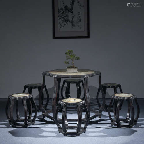 A SET OF ROSEWOOD TABLES AND STOOLS, CHINA