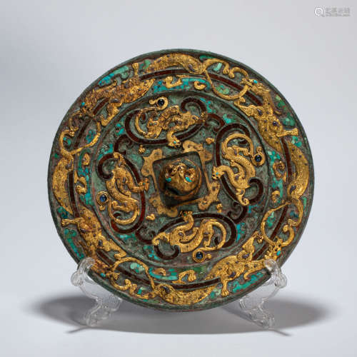 CHINESE BRONZE MIRROR INLAID WITH GOLD