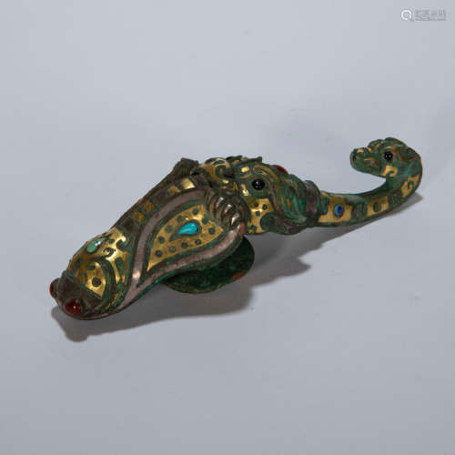 CHINESE BRONZE BELT HOOK INLAID WITH GOLD