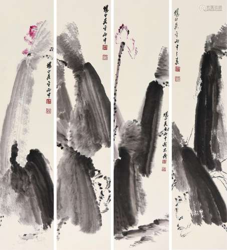 吴平（1920～2019） 丙申2016年作 荷花 （四幅） 四条屏 镜片 设色纸本
