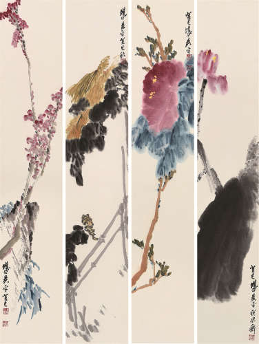 吴平（1920～2019） 癸巳2013年作 四季花卉 （四幅） 镜片 设色纸本