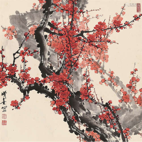 王成喜（b.1954） 红梅图 镜片 设色纸本