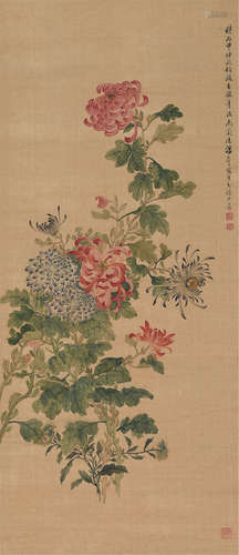 汤世澍（1831～1903） 丙申1896年作 傲菊 镜片 设色绢本