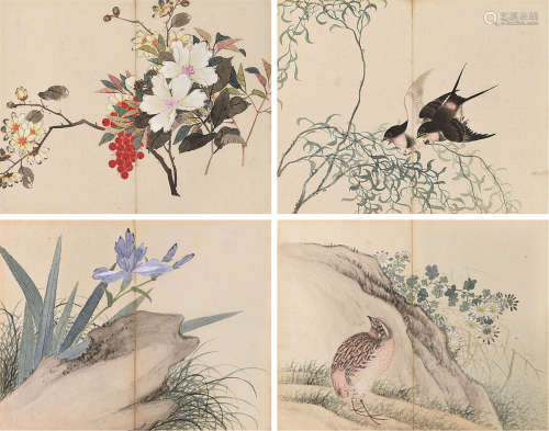 方薰（1736～1799） 丙辰1796年作 仿古花鸟册 册页 （八开选四） 设色纸本