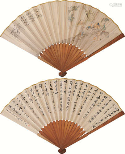 钱慧安（1833～1911）钱人龙（清） 辛丑1901年作 执扇消暑 行书节选东坡题跋 成扇 设色纸本