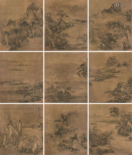 黄子久（1269～1354）（款） 杜诗意山水画册 册页 （十六开选九开） 水墨绢本