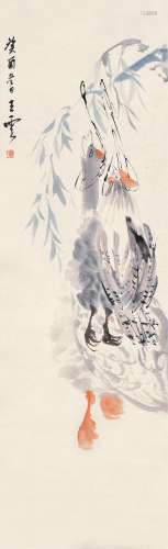 王云（1888～1934） 癸酉1933年作 柳下双禽图 立轴 设色纸本