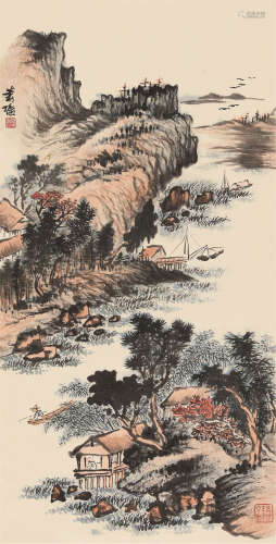 萧谦中（1883～1944） 江边隐逸 立轴 设色纸本