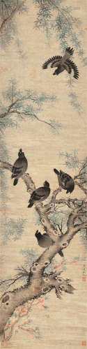 王武（1632～1690） 桃花八哥 立轴 设色纸本