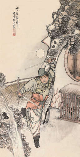 李霞（1871～1938） 闻鸡起舞 立轴 设色纸本
