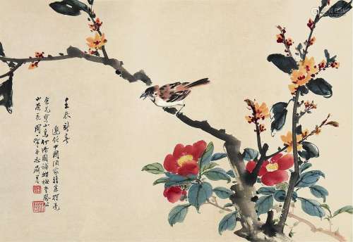 周一峰（1890～1982）李凤公（1884～1967）何漆园（1899～1970） 壬辰1952年作 枝头雀鸟 镜片 设色纸本