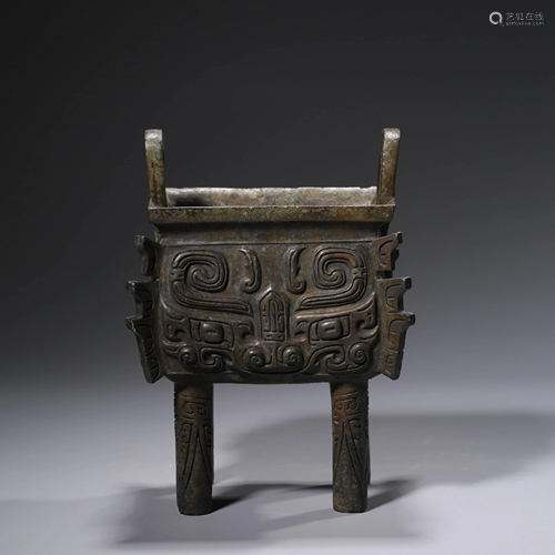 A BRONZE TAOTIE MASK INCENSE BURNER WITH INSCRIPTIO…