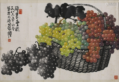 A SCROLL PAINTING OF GRAPES BY SU BAO ZHEN