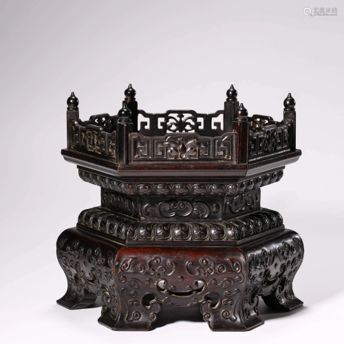 A ZITAN CARVING OF A HEXAGONAL STAND