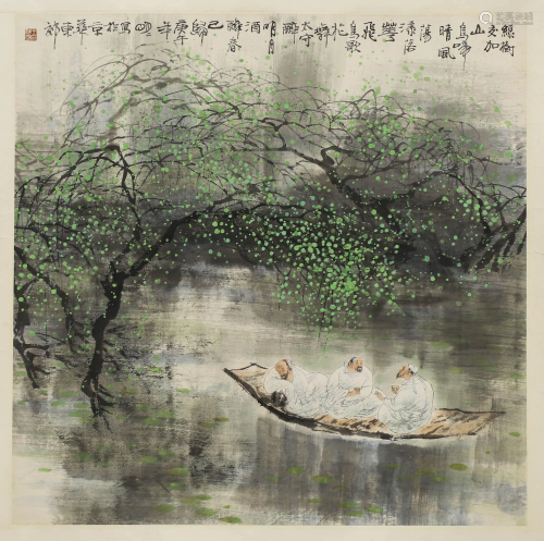A SCROLL PAINTING OF THREE SCHOLARS BY WANG MING MING