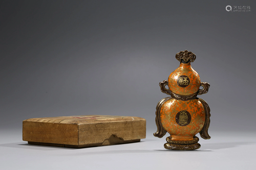 A CORAL-RED-GROUND GILT-DECORATED WALL VASE WITH THE