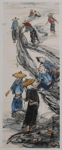 A SCROLL PAINTING OF FISHERMEN WORKING BY HUANG Z…