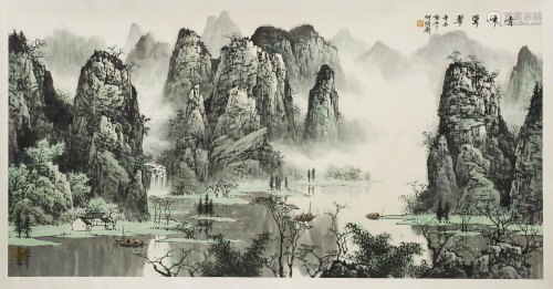 A SCROLL PAINTING OF MOUNTAINS AND RIVERS BY BAI XUE
