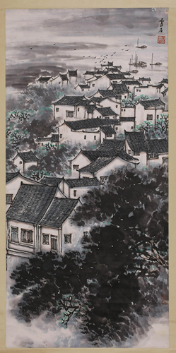 A SCROLL PAINTING OF A FISHING VILLAGE BY BAI XUE SHI