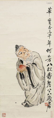 A SCROLL PAINTING OF THE GOD OF LONGEVITY BY QI BAI SHI