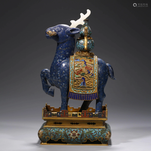 A LAPIS DEER WITH A CLOISONNE ENAMEL STAND