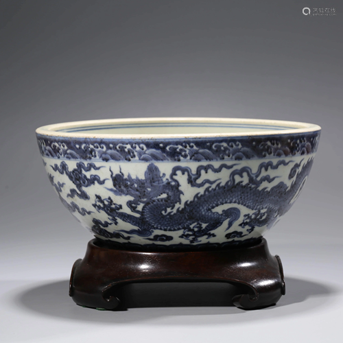 A BLUE AND WHITE DRAGON BOWL WITH STAND WITH THE MARK