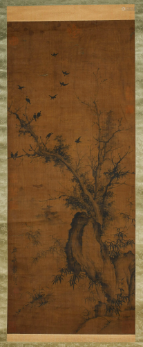A SCROLL PAINTING OF BIRDS AND TREES BY HONG XIAN