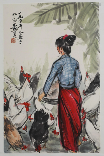 A SCROLL PAINTING OF A GIRL FEEDING CHICKENS BY HUANG