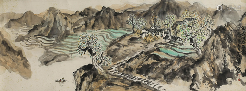 A SCROLL PAINTING OF MOUNTIANS AND RIVERS BY FANG JI