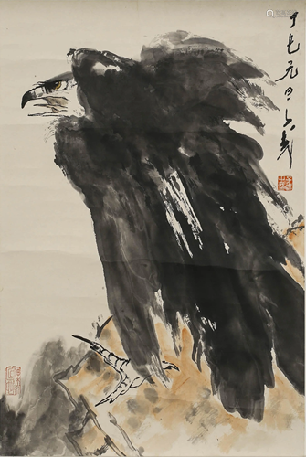 A SCROLL PAINTING OF AN EAGLE BY WANG ZI WU