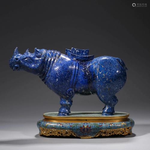 A LAPIS RHINO WITH A CLOISONNE ENAMEL STAND MARKE…