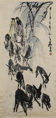 A SCROLL PAINTING OF DONKEYS BY HUANG ZHOU