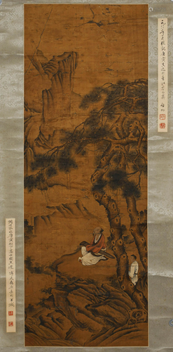 A SCROLL PAINTING OF A SCHOLAR UNDER THE PINES PLAYING