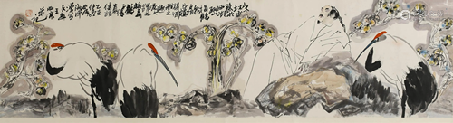 A SCROLL PAINTING OF CRANES BY WANG XI JING