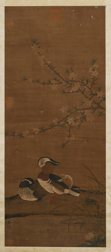 A SCROLL PAINTING OF A PAIR OF MANDARIN DUCKS BY LV JI