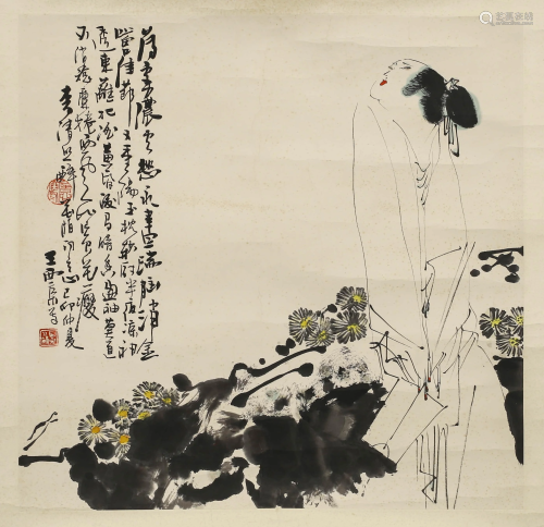 A SCROLL PAINTING OF A LADY BY WANG XI JING