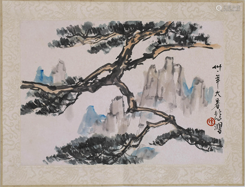 A SCROLL PAINTING OF MOUNTIANS AND TREES BY XU BEI …