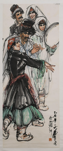 A SCROLL PAINTING OF UYGUR PEOPLE DANCING BY HUAN…