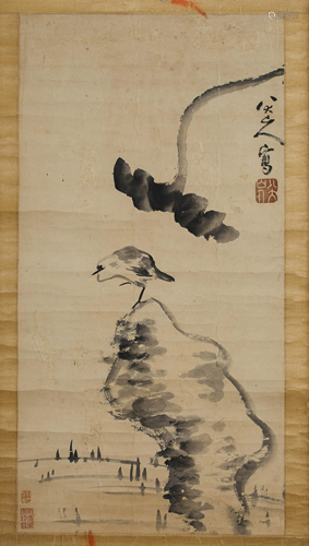 A SCROLL PAINTING OF A BIRD AND A FLOWER BY BA DA SHAN